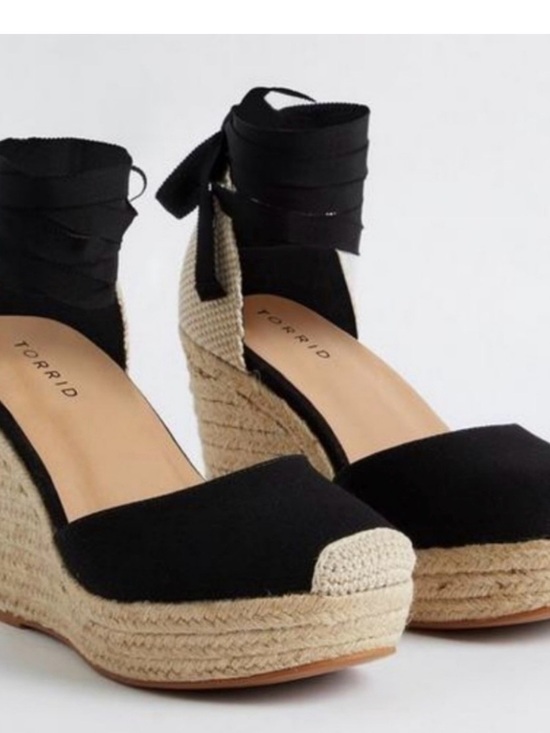 torrid Shoes - torrid Black and Natural Espadrille Wedge Ankle-Tie Shoes